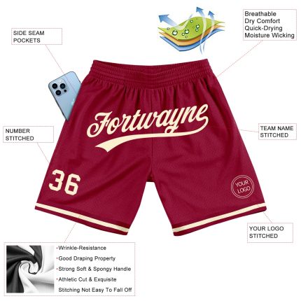 Custom Team Basketball Shorts with Personalized Name and Number, Maroon Cream Authentic Throwback Design Personalized Maroon