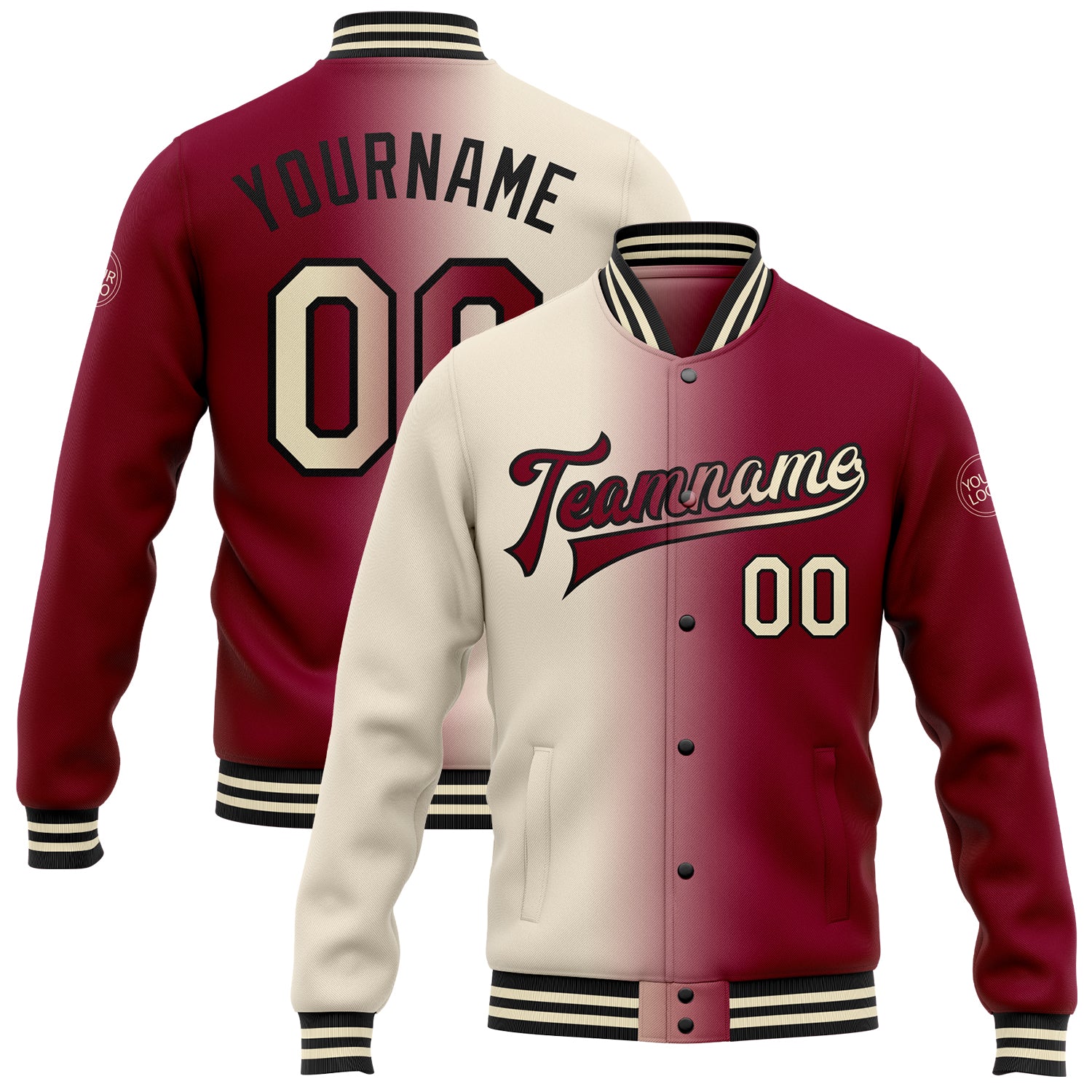 Customizable Maroon Cream-Black Bomber Varsity Letterman Jacket with Gradient Design, Full-Snap with Team Name & Number Personalized