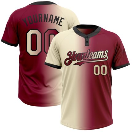 Custom Name and Number Unisex Softball Jersey - Personalized Maroon Cream-Black Gradient Two-Button Style Personalized Maroon