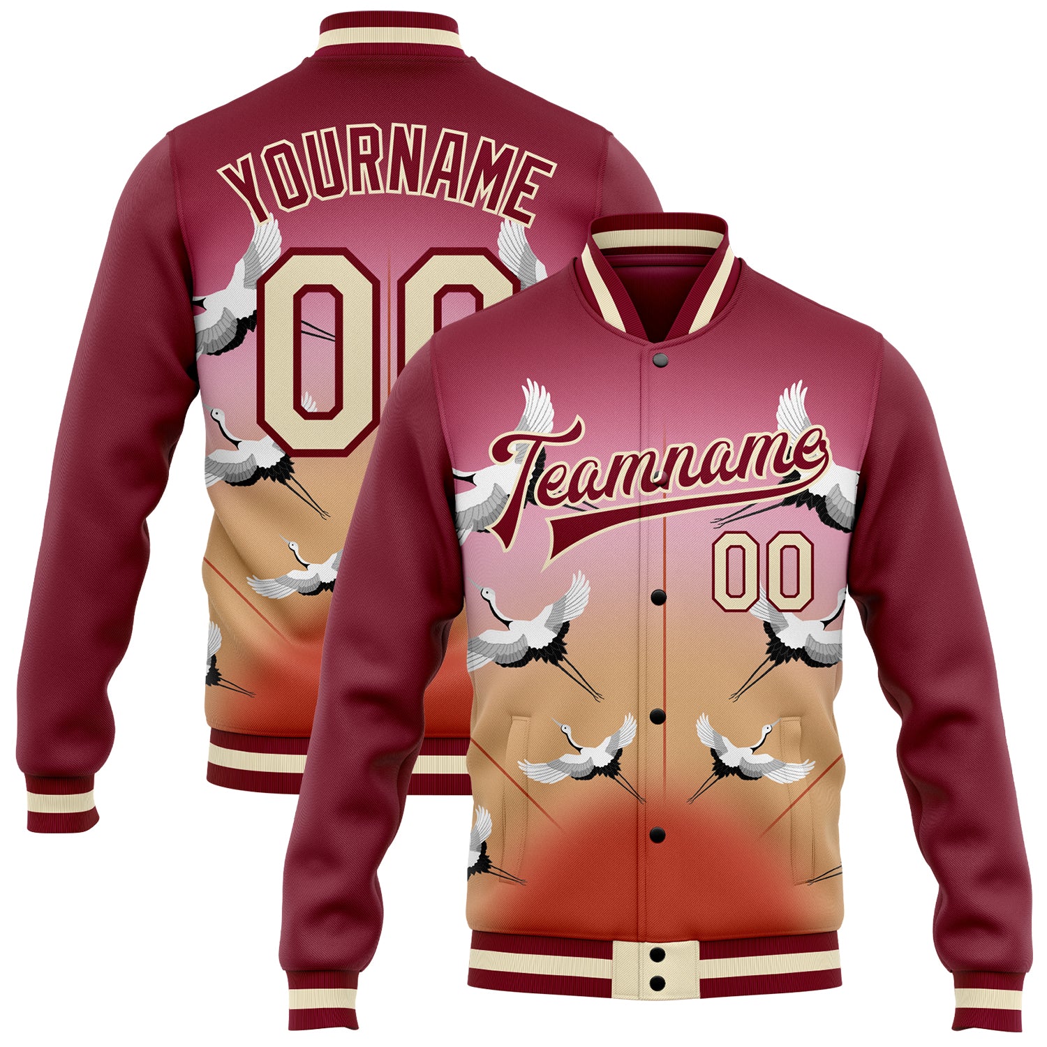 Custom Name Number Maroon Cream 3D Heron Bomber Varsity Letterman Jacket - Personalized Full-Snap Team Jacket Personalized