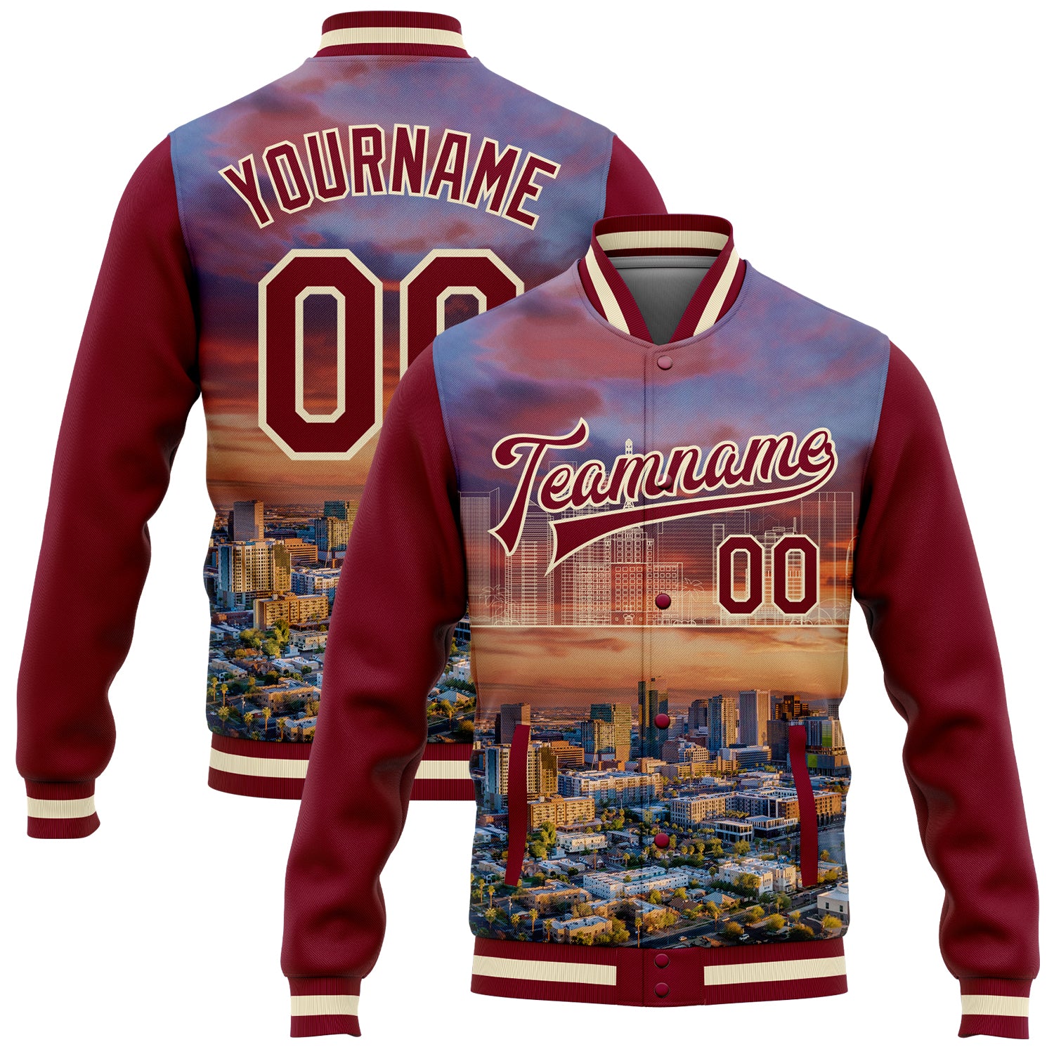 Custom Name Number Maroon Cream Phoenix Arizona City Edition 3D Bomber Varsity Letterman Jacket Personalized Maroon Cream