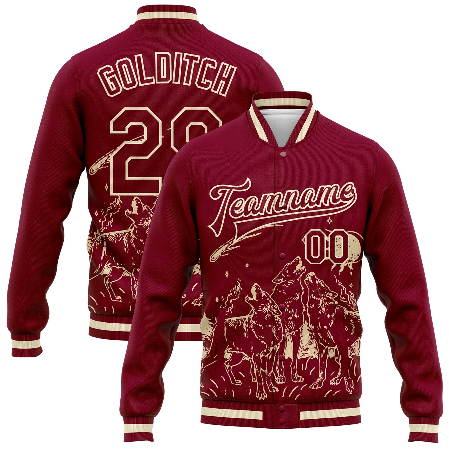 Custom Maroon Cream Wolf Full Moon 3D Bomber Varsity Jacket with Name and Number Personalized Maroon Cream Wolf Fullmoon