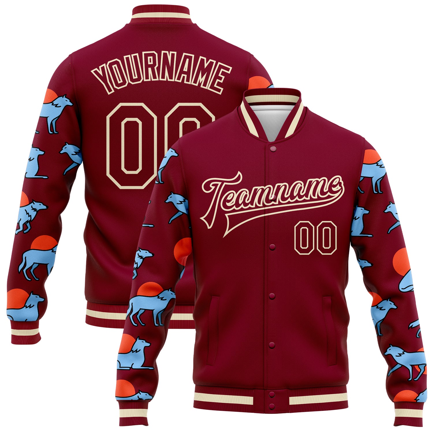 Custom Team Name Number 3D Wolves Bomber Jacket Full-Snap Varsity Letterman Design Maroon Cream Running Hauling Personalized