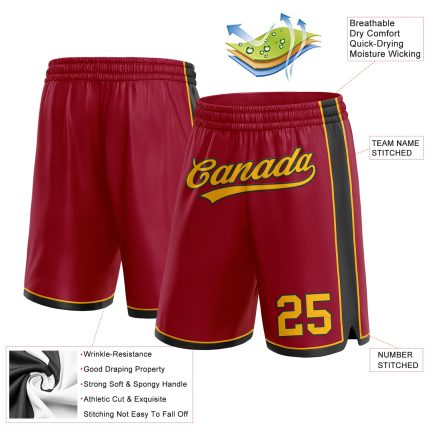 Custom Name Number Basketball Shorts - Personalized Maroon Gold-Black Authentic Team Apparel Personalized Maroon Gold-Black
