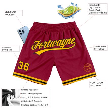 Personalized Basketball Shorts in Maroon with Gold and Black - Authentic Throwback Design Personalized Maroon Gold-Black
