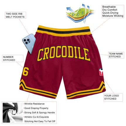 Custom Team Basketball Shorts with Name and Number - Maroon Gold-Black Authentic Throwback Style Personalized Maroon Gold-Black