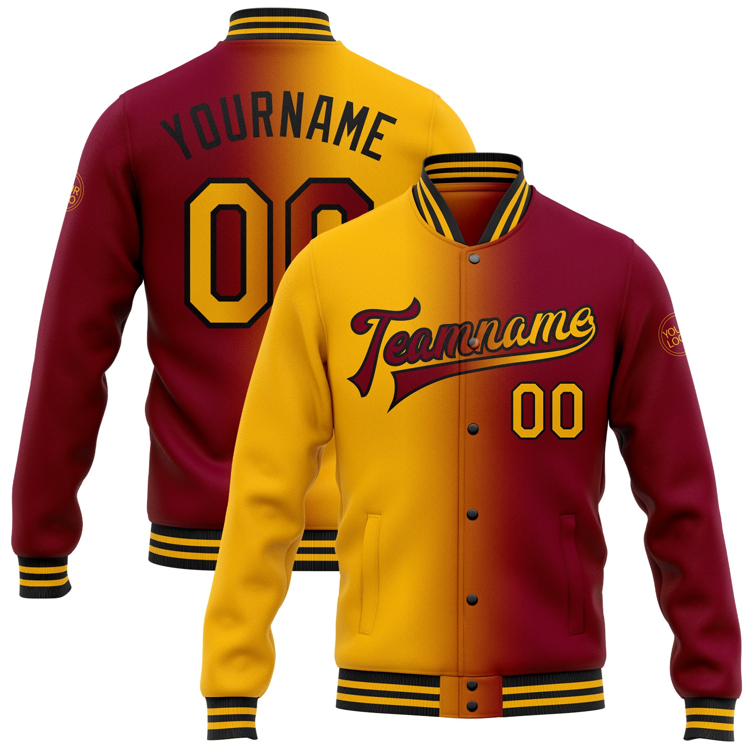 Custom Name and Number Maroon Gold-Black Gradient Varsity Bomber Jacket Full-Snap Fashion Letterman Personalized Maroon Gold-Black