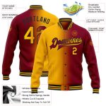 Custom Name and Number Maroon Gold-Black Gradient Varsity Bomber Jacket Full-Snap Fashion Letterman Personalized Maroon Gold-Black