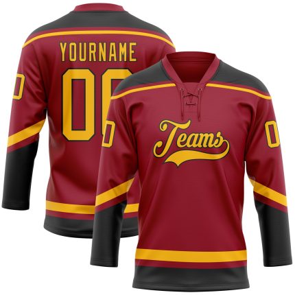 Custom Name and Number Maroon Gold-Black Hockey Lace Neck Jersey - Personalized Team Jersey Personalized Maroon Gold-Black