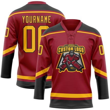 Custom Name and Number Maroon Gold-Black Hockey Lace Neck Jersey - Personalized Team Jersey Personalized Maroon Gold-Black