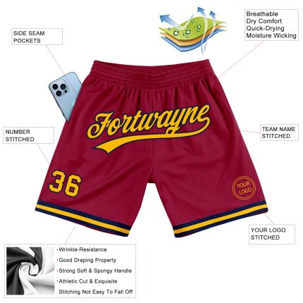 Personalized Maroon and Gold-Navy Authentic Basketball Shorts for Men Personalized Maroon Gold-Navy Authentic Throwback Basketball