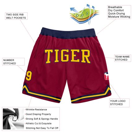 Custom Maroon Gold-Navy Throwback Basketball Shorts with Name and Number - Personalized Team Gear Personalized Maroon Gold-Navy