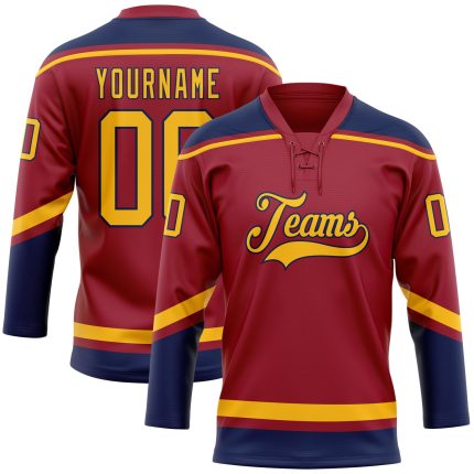 Custom Maroon Gold-Navy Hockey Jersey with Lace Neck - Personalized Team Name & Number Personalized Maroon Gold-Navy Hockey