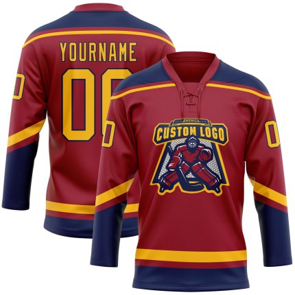Custom Maroon Gold-Navy Hockey Jersey with Lace Neck - Personalized Team Name & Number Personalized Maroon Gold-Navy Hockey
