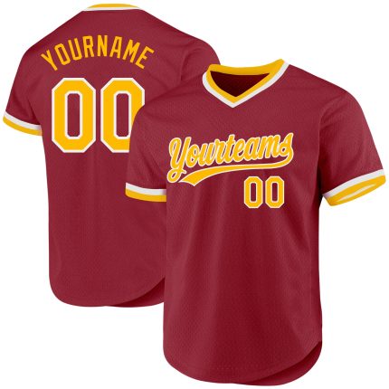 Custom Maroon Gold White Baseball Jersey with Personalized Name and Number - Authentic Throwback Design Personalized Maroon
