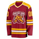 Custom Maroon Gold-White Hockey Jersey with Personalized Name and Number - Team Apparel Personalized Maroon Gold-White Hockey