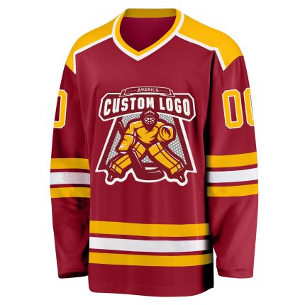 Custom Maroon Gold-White Hockey Jersey with Personalized Name and Number - Team Apparel Personalized Maroon Gold-White Hockey