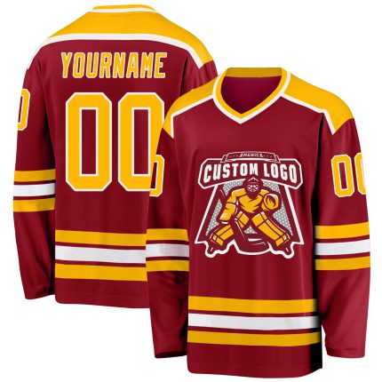 Custom Maroon Gold-White Hockey Jersey with Personalized Name and Number - Team Apparel Personalized Maroon Gold-White Hockey