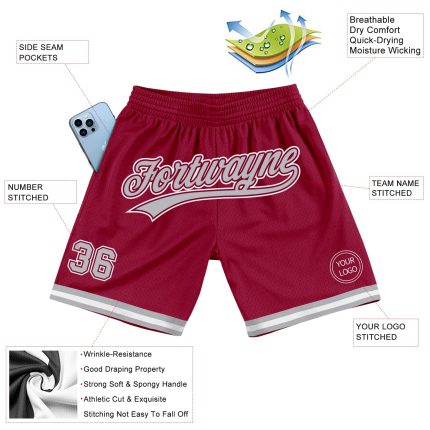 Personalized Authentic Throwback Basketball Shorts in Maroon Gray White Personalized Maroon Gray-White Authentic Throwback
