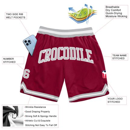 Custom Authentic Basketball Shorts with Name & Number, Maroon Gray-White, Personalized Team Gear Personalized Maroon Gray-White