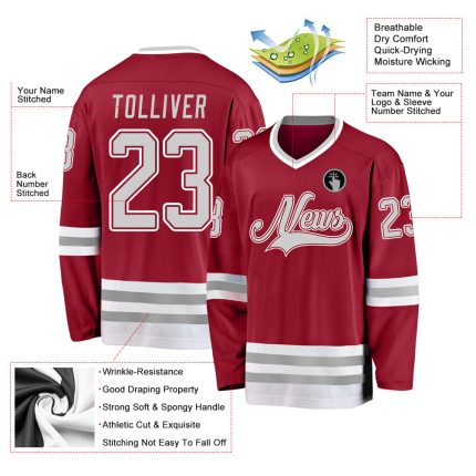 Custom Name and Number Personalized Hockey Jersey in Maroon, Gray and White Personalized Maroon Gray-White Hockey Jersey