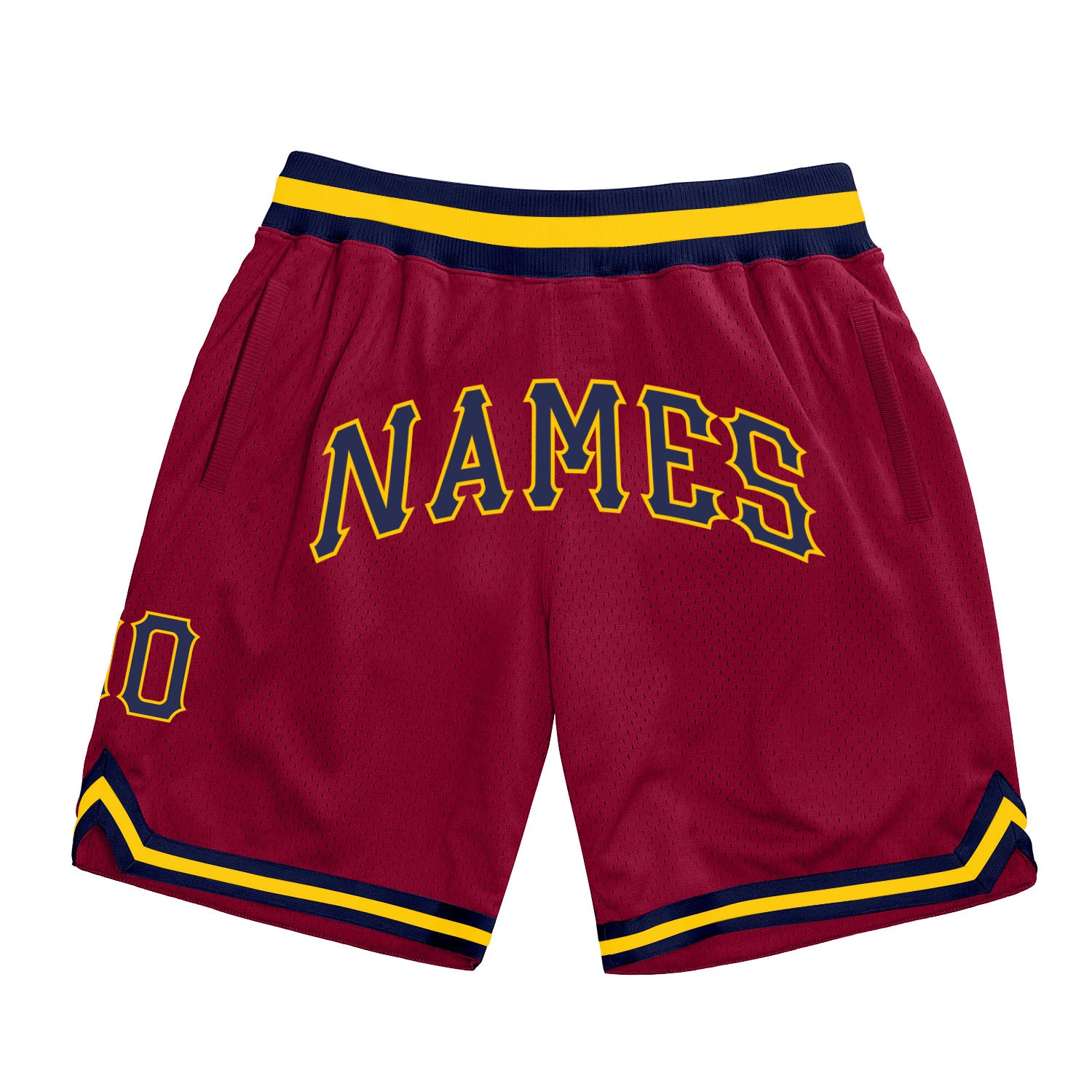 Custom Team Basketball Shorts with Personalized Name and Number, Maroon Navy-Gold Authentic Throwback Design Personalized