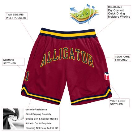 Custom Team Basketball Shorts with Personalized Name and Number, Maroon Navy-Gold Authentic Throwback Design Personalized