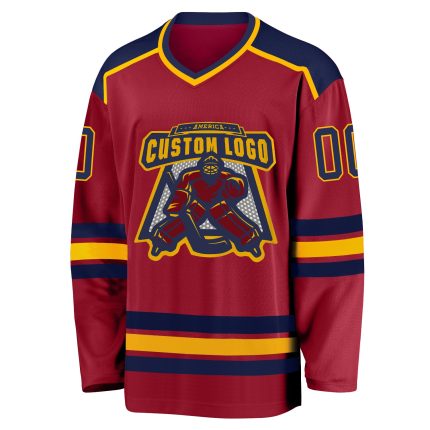 Personalized Maroon Hockey Jersey with Navy and Gold Accents - Custom Sports Apparel Personalized Maroon Navy-Gold Hockey