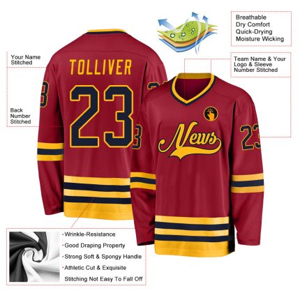 Custom Name Number Hockey Jersey - Personalized Maroon and Navy Gold Team Jersey Personalized Maroon Navy-Gold Hockey Jersey