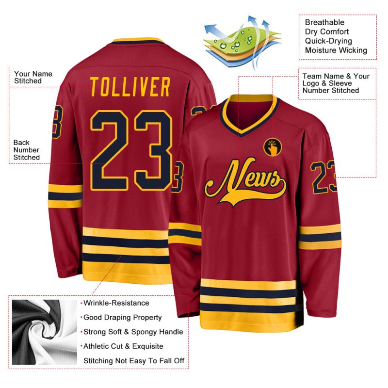 Custom Name Number Hockey Jersey - Personalized Maroon and Navy Gold Team Jersey Personalized Maroon Navy-Gold Hockey Jersey