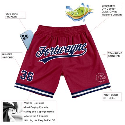 Personalized Authentic Throwback Basketball Shorts - Maroon Navy-White Design Personalized Maroon Navy-White Authentic Throwback
