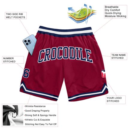 Custom Team Name and Number Personalized Maroon Navy-White Basketball Shorts Authentic Throwback Style Personalized Maroon