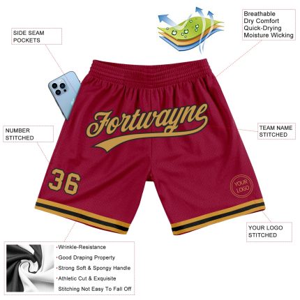 Custom Name & Number Maroon Old Gold-Black Throwback Basketball Shorts - Personalized Team Apparel Personalized Maroon Old