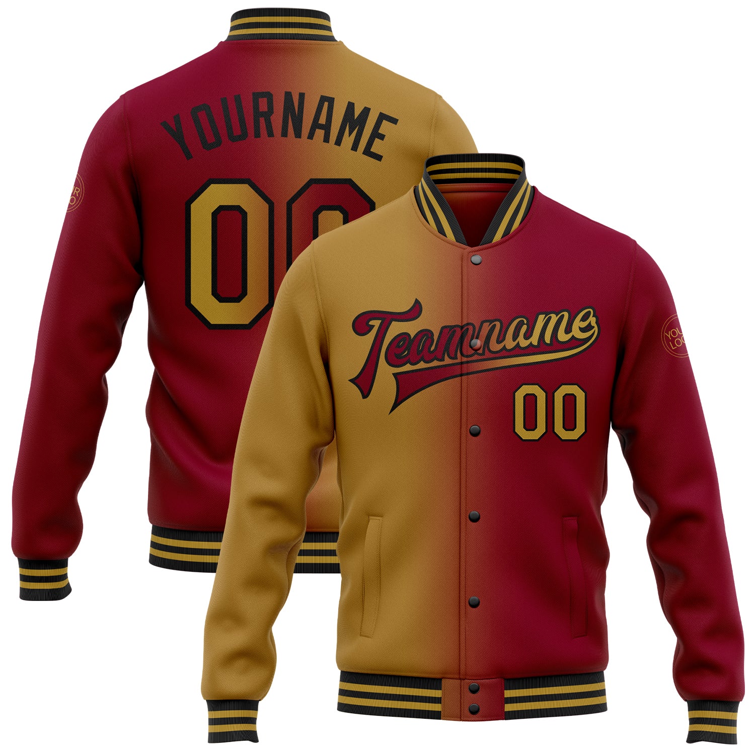 Custom Name Number Maroon Black Old Gold Gradient Varsity Bomber Jacket Fashion Full-Snap Letterman Personalized Maroon Old
