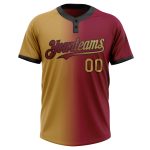 Custom Name Number Maroon Black Gradient Softball Jersey Two-Button Unisex Fashion Team Apparel Personalized Maroon Old Gold-Black