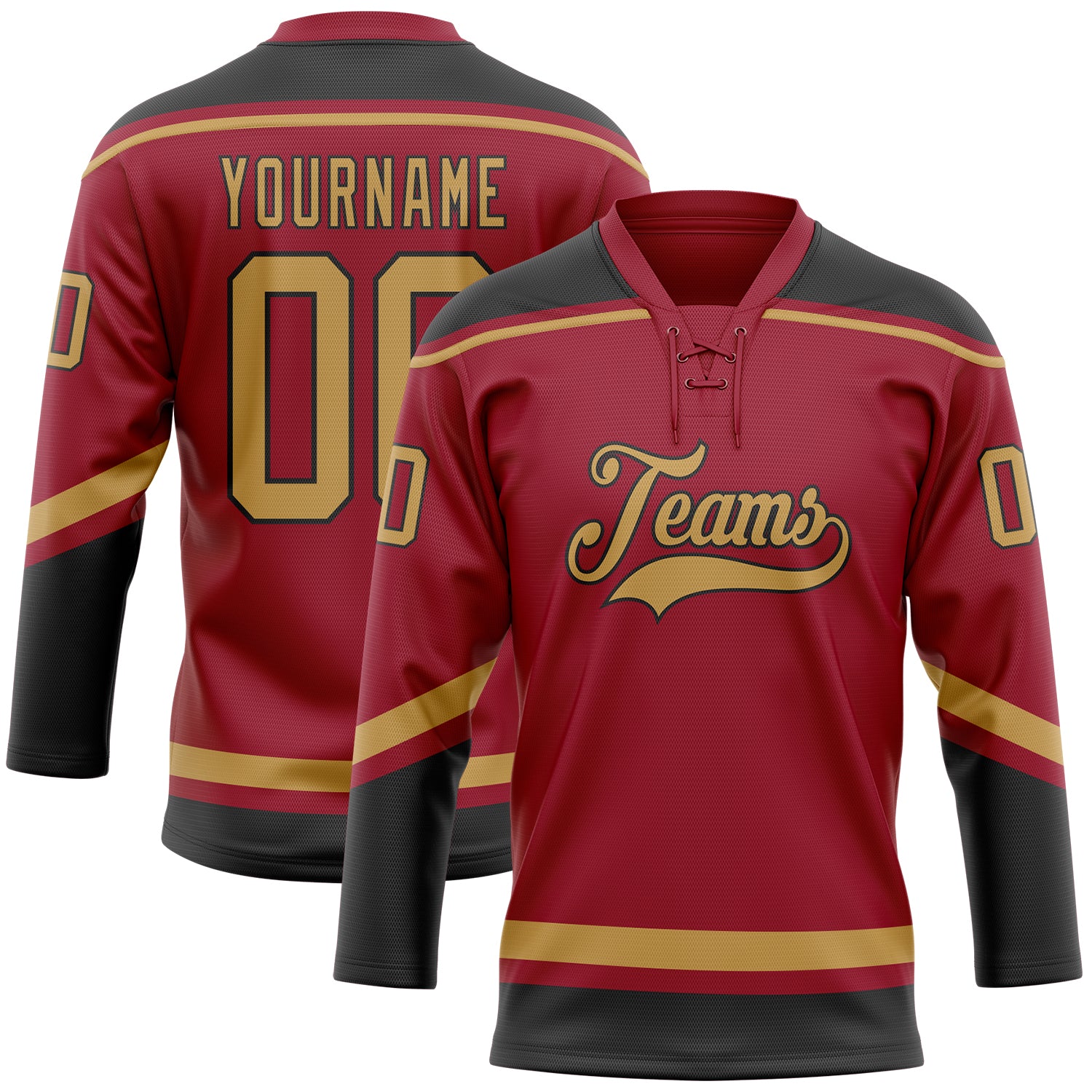 Custom Name and Number Personalized Maroon Old Gold-Black Hockey Jersey with Lace Neck Personalized Maroon Old Gold-Black