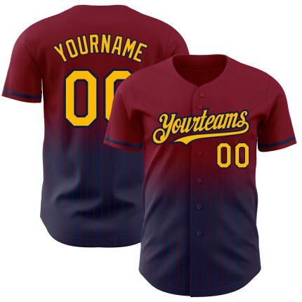 Custom Name and Number Maroon Pinstripe Authentic Fade Baseball Jersey - Gold-Navy Fashion Team Jersey Personalized Maroon