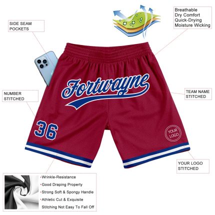 Custom Name and Number Personalized Maroon Royal-White Basketball Shorts Authentic Throwback Style Personalized Maroon Royal-White