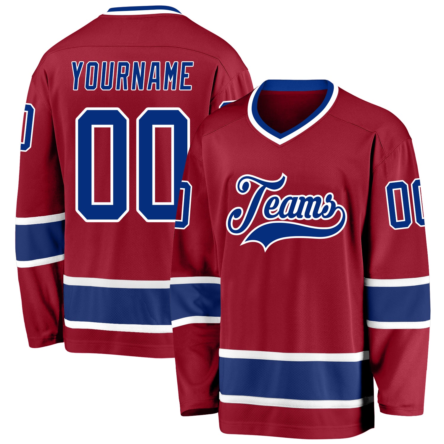 Custom Maroon Hockey Jersey with Royal-White Trim, Personalized Name & Number - Team Apparel Personalized Maroon Royal-White