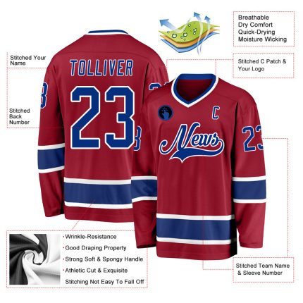 Custom Maroon Hockey Jersey with Royal-White Trim, Personalized Name & Number - Team Apparel Personalized Maroon Royal-White