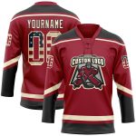 Custom USA Flag Hockey Jersey with Personalized Name and Number, Maroon Vintage Cream-Black Lace Neck Design Personalized