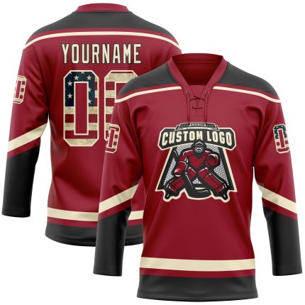 Custom USA Flag Hockey Jersey with Personalized Name and Number, Maroon Vintage Cream-Black Lace Neck Design Personalized