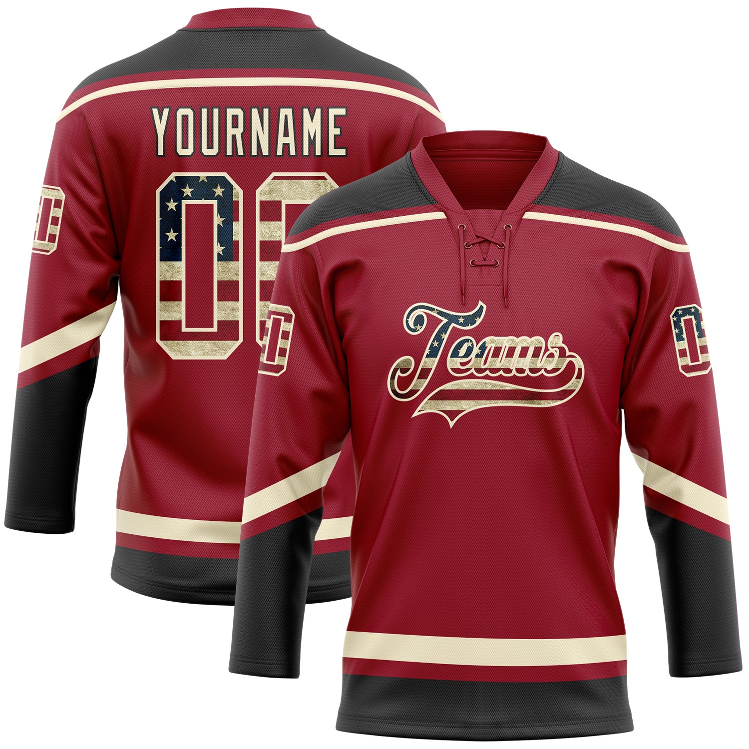 Custom USA Flag Hockey Jersey with Personalized Name and Number, Maroon Vintage Cream-Black Lace Neck Design Personalized