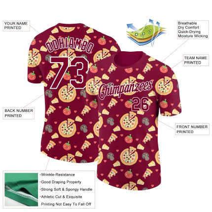 Custom Name Number 3D Pattern T-Shirt for Pizza Team - Personalized Maroon White Performance Tee Personalized Maroon White