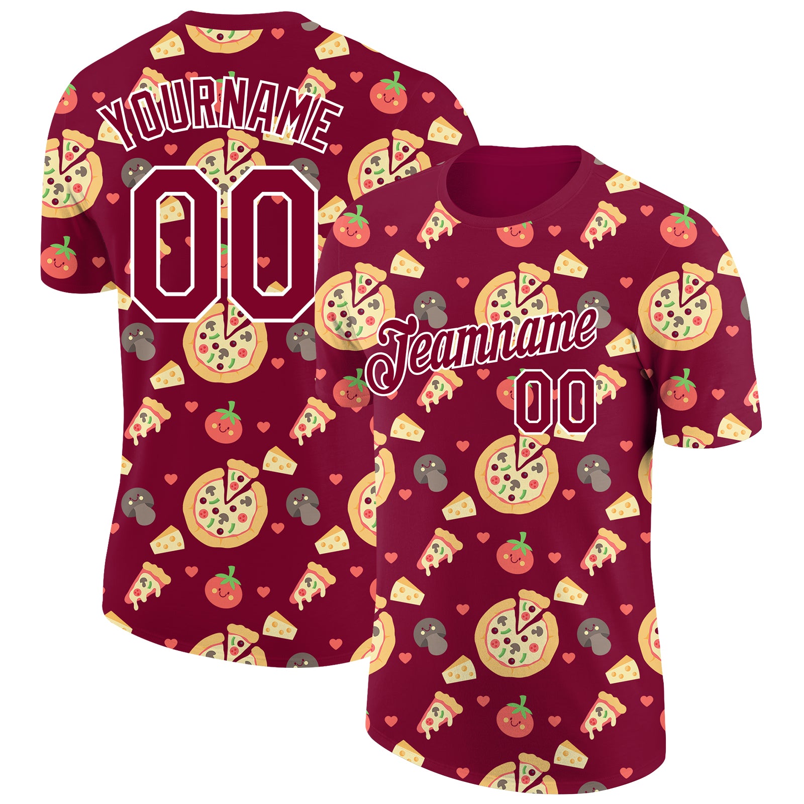 Custom Name Number 3D Pattern T-Shirt for Pizza Team - Personalized Maroon White Performance Tee Personalized Maroon White