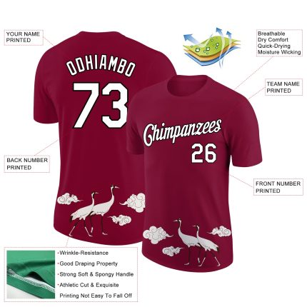 Custom Name and Number Performance T-Shirt - 3D Animal Crane Design in Maroon and Black Personalized Maroon White-Black 3D