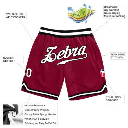 Custom Name Number Basketball Shorts - Authentic Maroon White Black Throwback Style Personalized Maroon White-Black Authentic