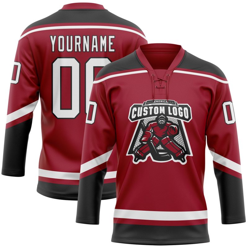 Custom Name and Number Hockey Lace Neck Jersey, Personalized Maroon and Black Team Jersey Personalized Maroon White-Black