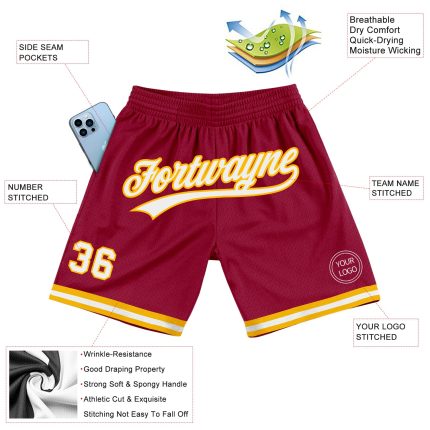 Personalized Maroon White-Gold Basketball Shorts - Authentic Throwback Design Personalized Maroon White-Gold Authentic Throwback