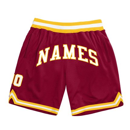Custom Authentic Throwback Basketball Shorts with Personalized Name and Number - Maroon White Gold Personalized Maroon White-Gold